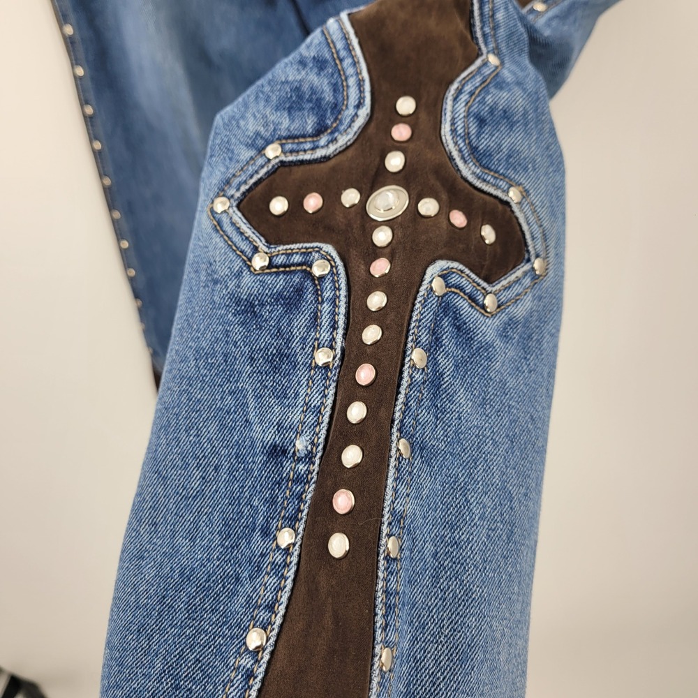 Vtg LawMan Western Rodeo Cowgirl Jeans Faux Suede Studded Cross Flat Back Sz 7